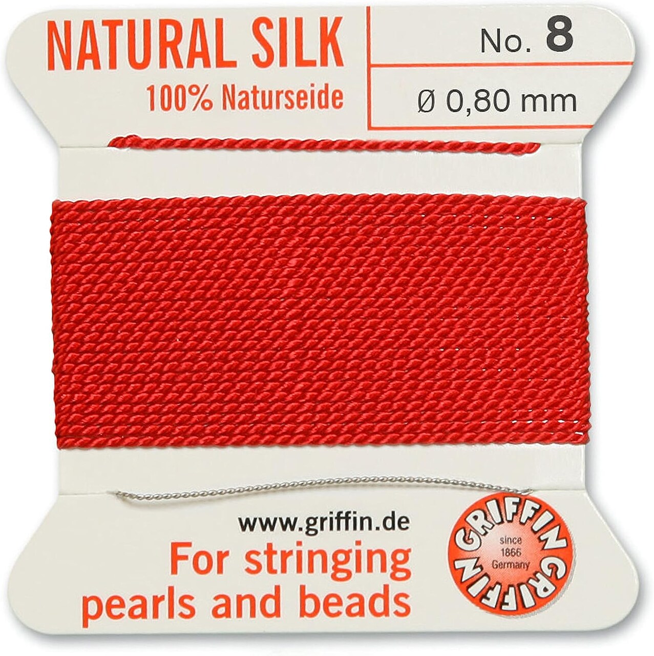 Griffin Silk Bead Cord Perlseide – Size 8 (0.80mm) – 2 Meters per Card – Stainless Steel Needle Attached – for Knotting Pearls, Gemstones, Crystals and Beads